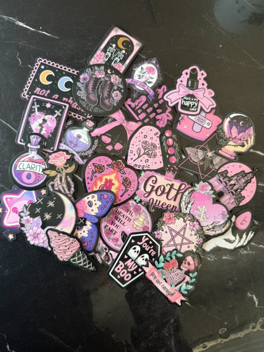 Huge Lot of 30+ Pink Goth / Pastel Goth Stickers - Skulls, Roses, Crystals, etc